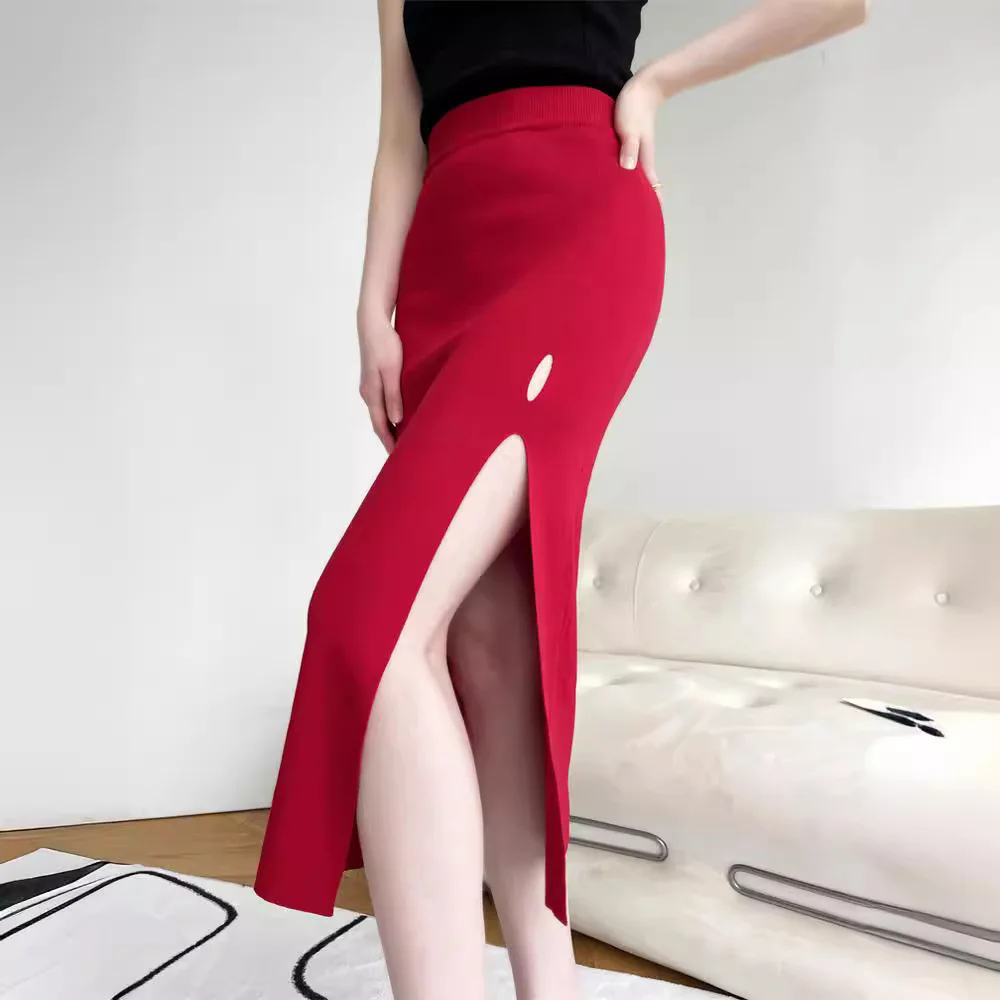 

7069 Summer Fashionable Elegant Elastic Waist One-Piece Side Slit Hollow A-Line Bodycon Midi Skirt For Women