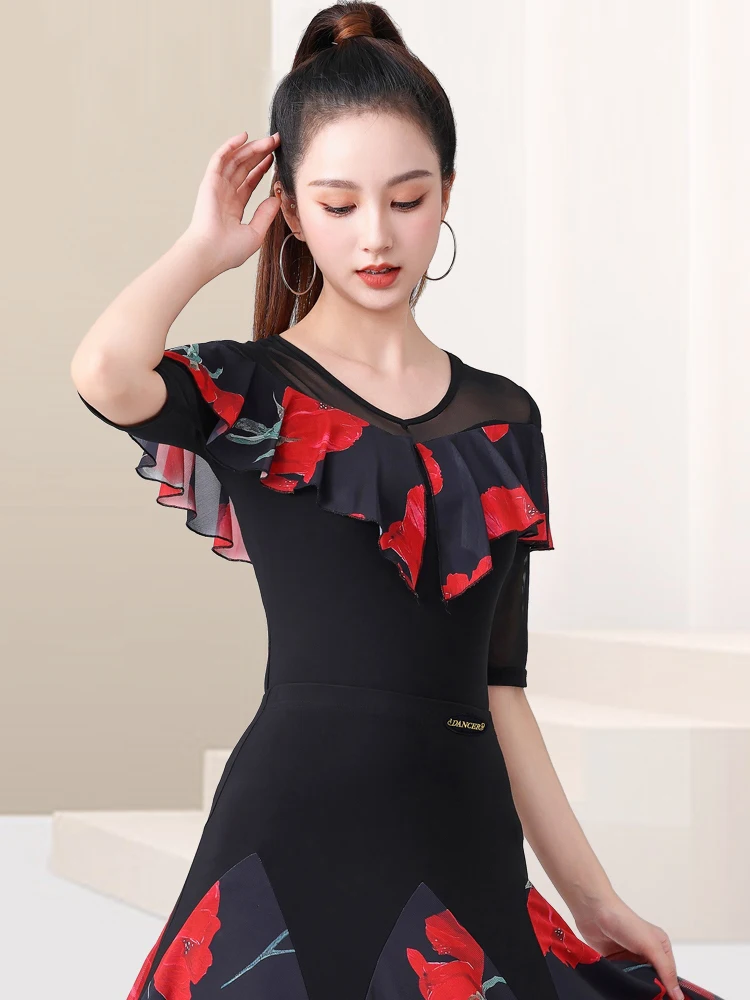 Nova meia manga malha impressão topo de dança de salão roupas femininas padrão nacional chacha rumba trajes de dança moderna dql11736