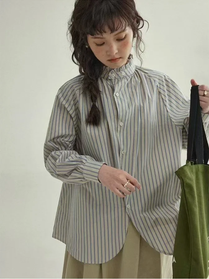 Azul listrado feminino longo sve irt gola francês sle algodão poliéster mistura resistente à deformação primavera temporada