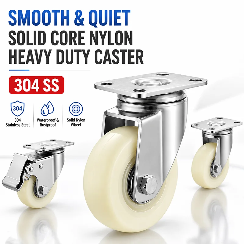 304 Stainless Steel Nylon Caster Wheel 1.5/2/2.5/3/4/5 Inch Heavy Duty Plate Mount Rigid Swivel Brake Castor for Cart Furniture