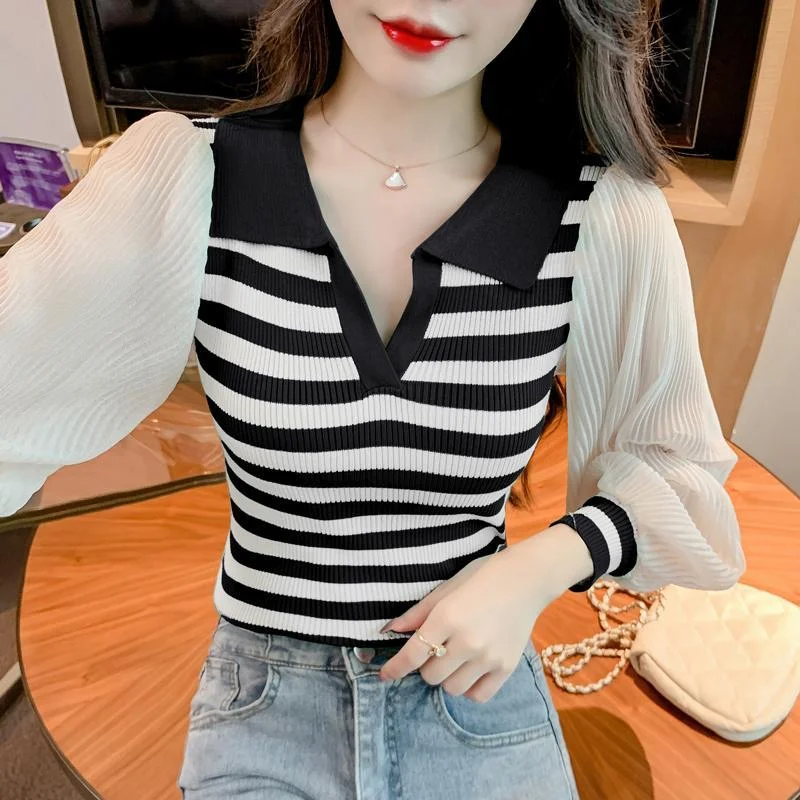 

Полосатый свитер с лацканами для женщин, осенний новый стиль, шифоновая базовая рубашка с пышными рукавами, тонкое тело