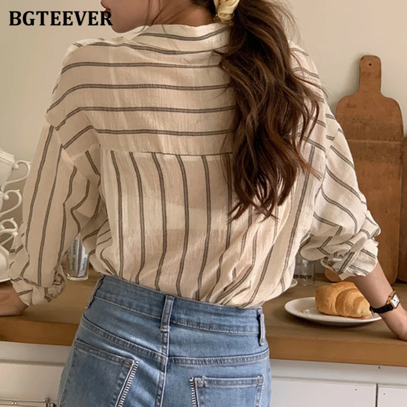 BGTEEVER Casual Loose Turn-down Colla Ladies Striped Shirts Tops Summer Fashion Long Sleeve Female Single-breasted Blouses