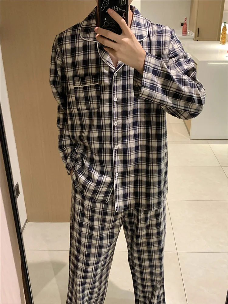 New Home Lovers Cotton Plaid Lace Cute Simple Long Sleeve Pajama Set Women Loose Princess Couple Sweet Elegant Warm Sleepwear