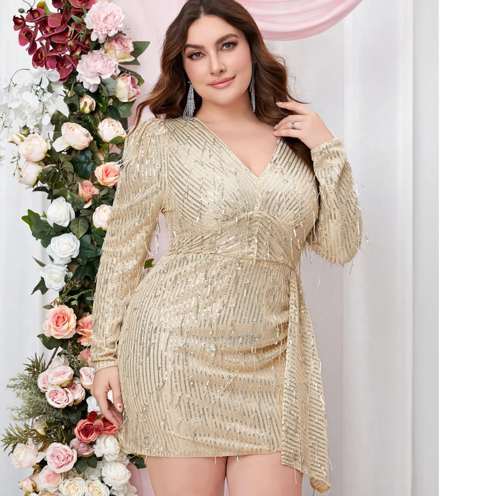 

Women Dresses Long Sleeve V-Neck Waisted Short Dress Tassel Sequins Sexy Prom Party Dress Fashion Plus Size Midi Dress 2025