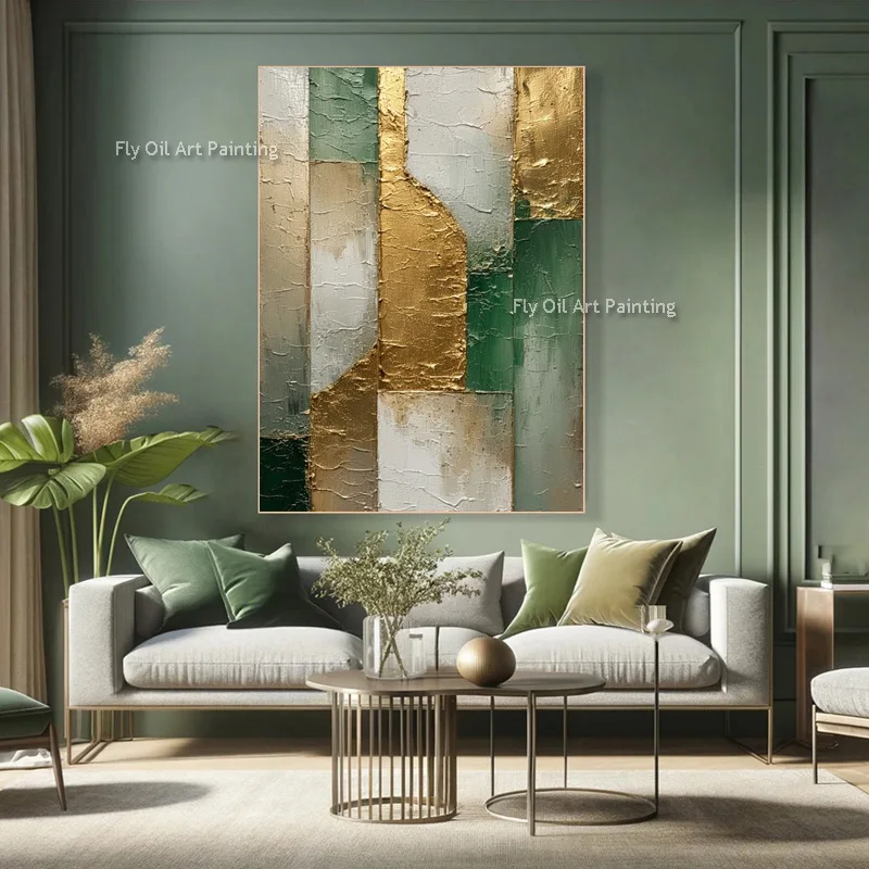 Green White Gold Canvas Thick Wall Art Abstract Geometric Oil Painting Gold Foil Simple Wall Art Decor For Home Living Hall