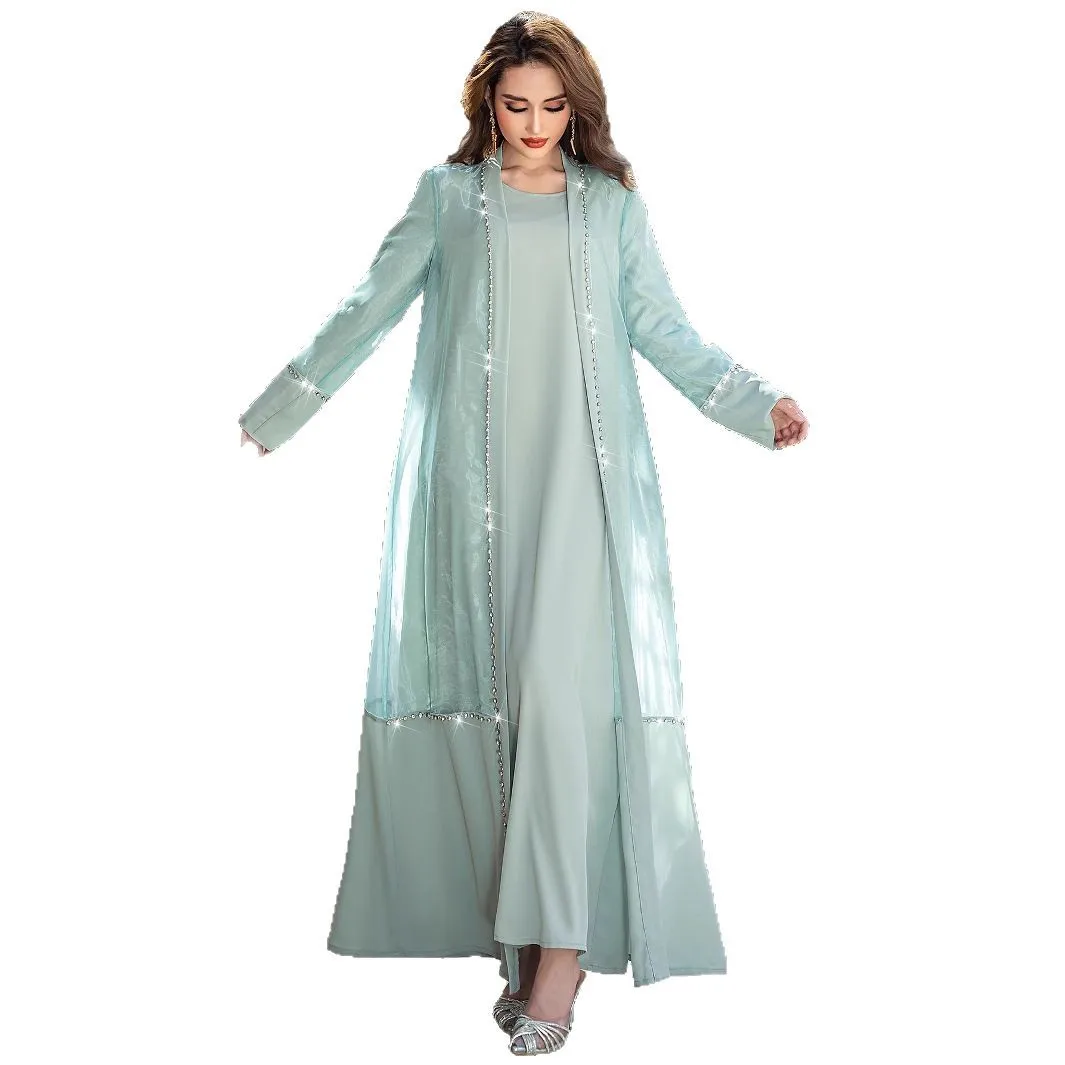 

2026 Abaya new mint green yarn two-piece cardigan dress in stock, dignified and elegant