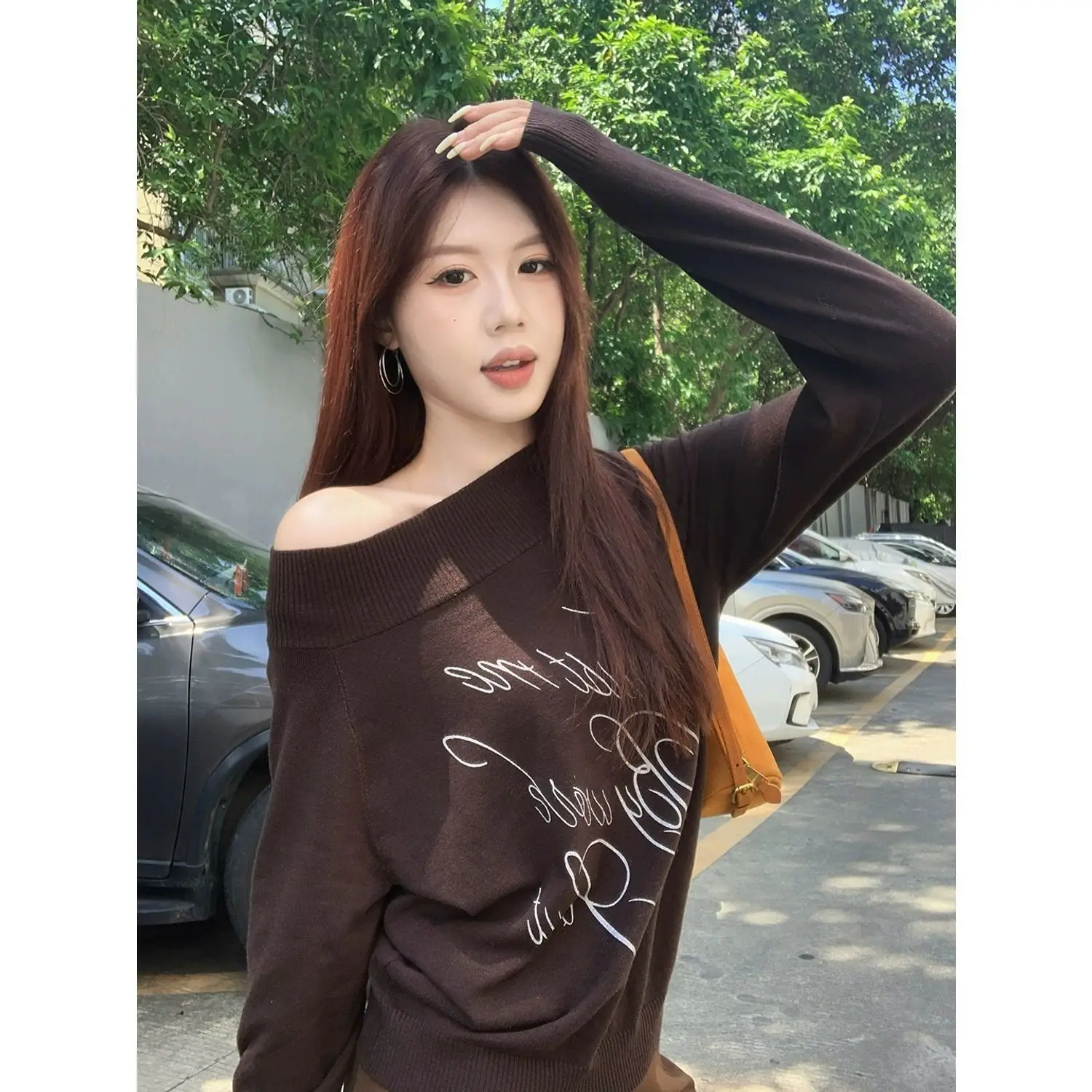 2026 Women Korean Loose Letter Print Soft Sweater Autumn Slim Fit Versatile Off‑shoulder Knitted Pullover Top