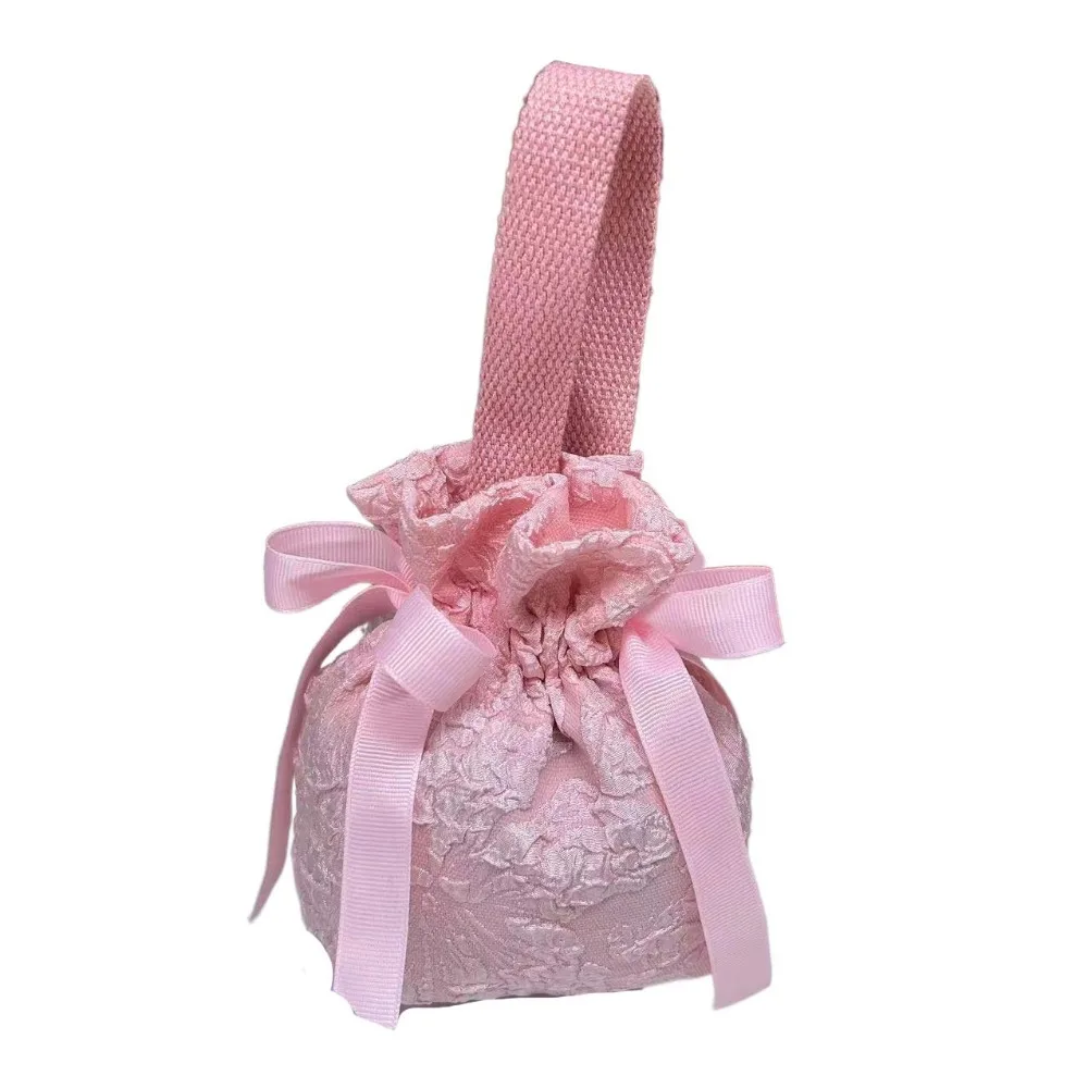 Mesh Flower Canvas Floral Drawstring Bag Large Capacity Satin Bow Small Flower Wrist Bag Coin Purse Wallet Korean Style