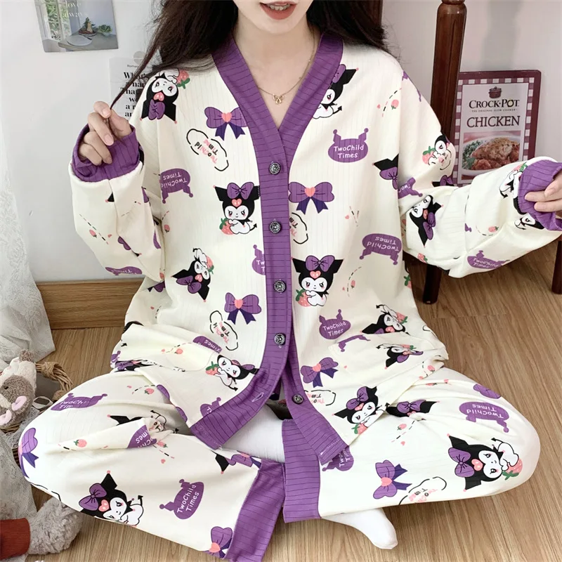 Kawaii Sanrio Kuromi Can Go Out Pajamas Cartoon Anime Printing Long-sleeved Cardigan Oversized Loose Loungewear Two-piece Set