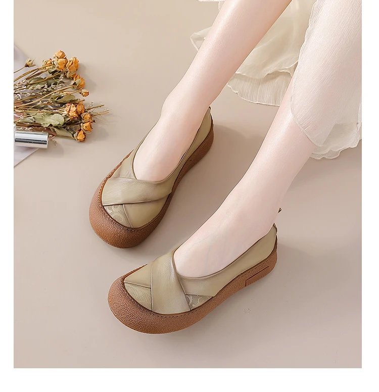 Neue Echtleder-Ballerinas für Damen, V-Ausschnitt Slip-On Schuhe, Retro-Kreuzfalt-Mokassins mit Prägungsmuster für Damen – Detail 17