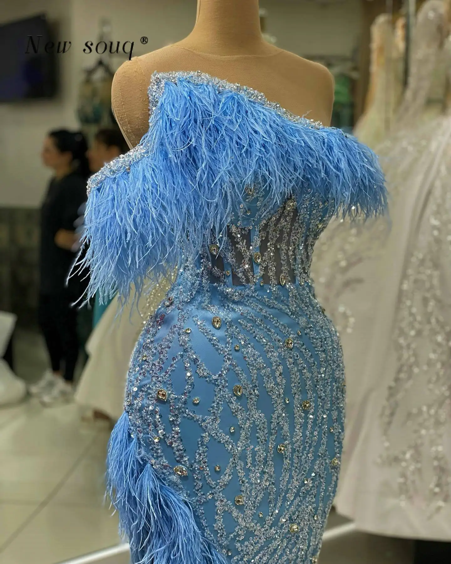 Abiti da sera lunghi a sirena con piume arabe azzurro con cristalli a fessura paillettes abiti da festa per eventi di nozze da donna