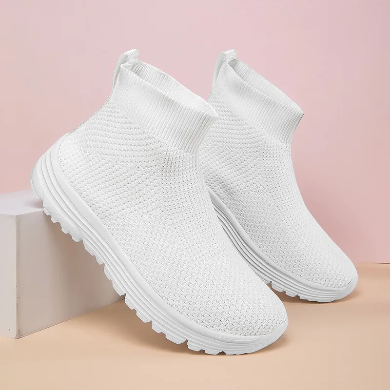 

White Knit Sock Shoes Woman Big Size 36-47 Slip-On High Top Women's Sports Shoes Lightweight Running Shoes Man Platform Sneakers