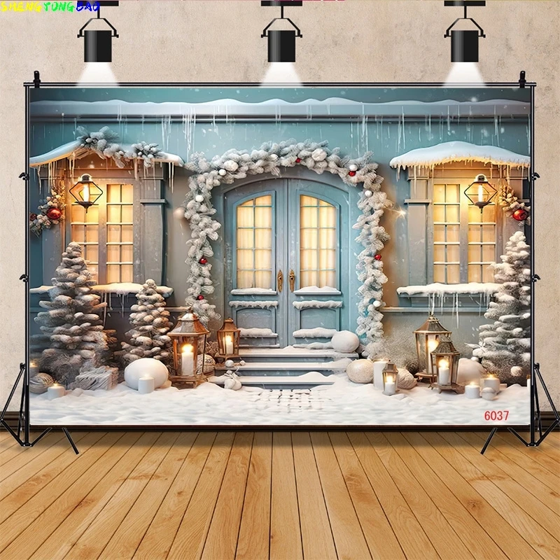 

Vinyl Custom Christmas Tree Outdoor Camping Photography Backdrop Wooden Doors Snowman Cinema New Year Background Prop WW-02