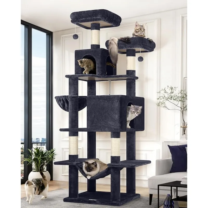 

Globlazer Cat Tree Tower, 76-Inch Extra Tall Multi-Level Cat Furniture with Cozy Condos, Hammock and Perches for Adult Cats, Per