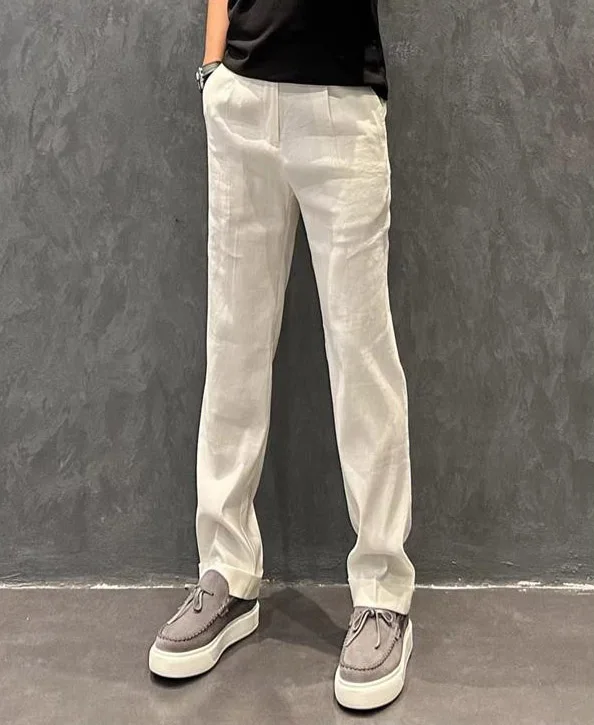 

Summer High Quali Simple Pure Color Cotton Linen Straight Leg Sport Casual Pants Men Lightweight Long Thin Trendy
