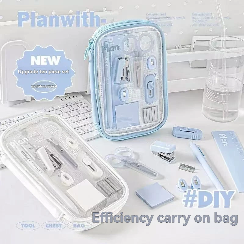 Portable Efficiency Small Bag Large Capacity Multifunctional 10 Piece Set Sudent Stationery Set Stapler  Scissors Storage Tool