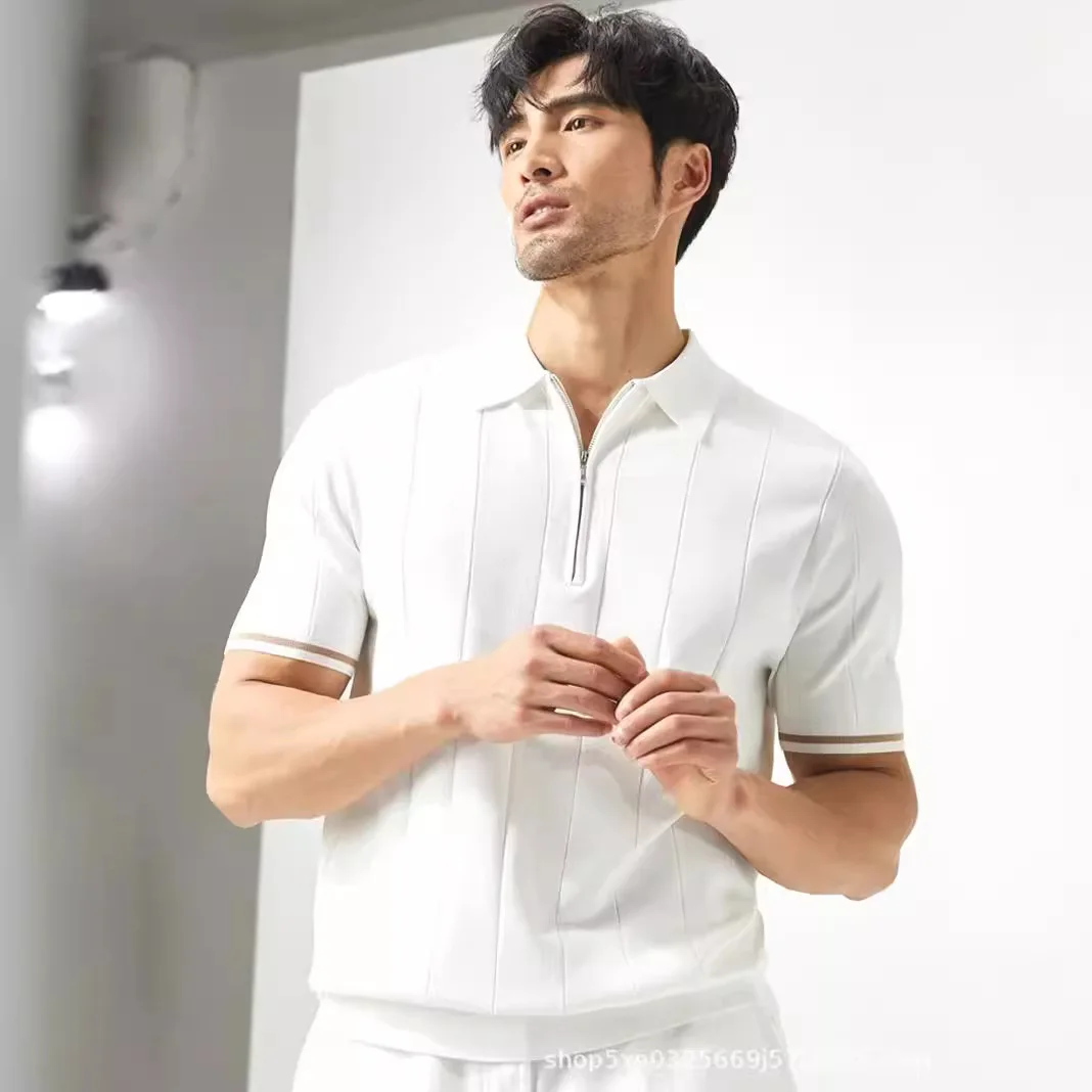 Summer Ice Silk Breathable Half-Zip Lapel Short Sleeve Knit Polo Shirt Men's Premium Casual Top