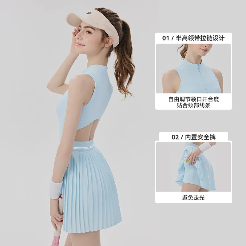 Women's tennis dress with chest pads, anti-exposure yoga jumpsuit, cool and breathable hollow-out sports skirt-pants for