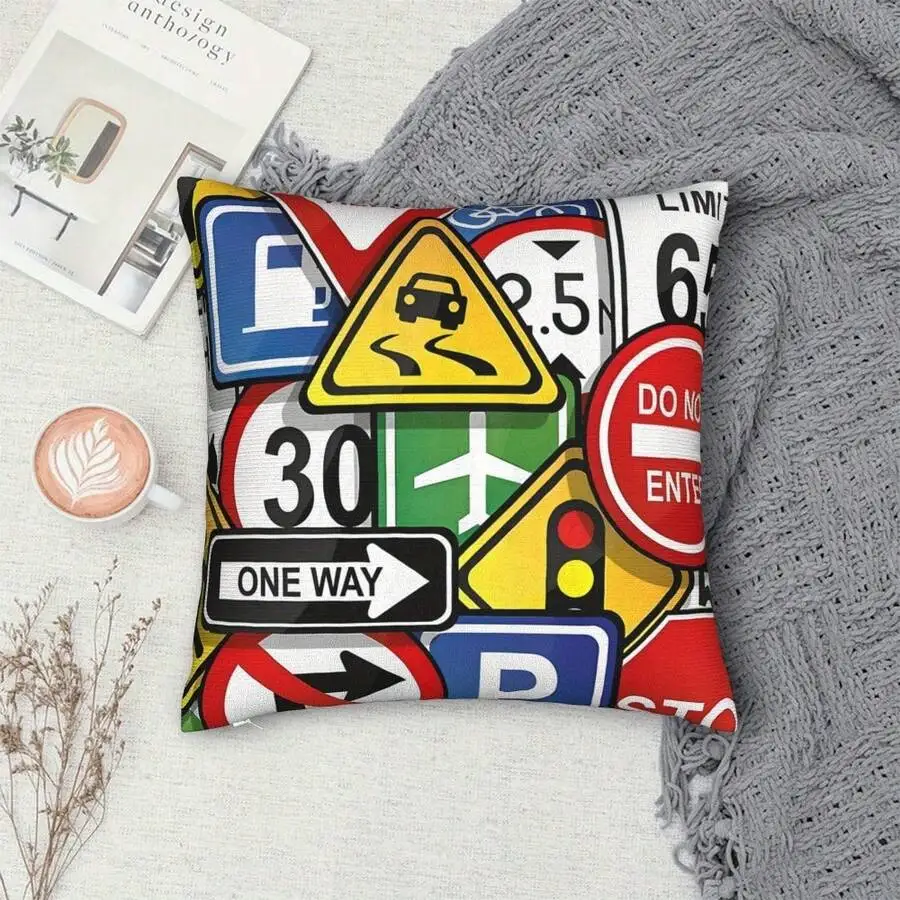Traffic Signs Pattern Cushion Cover Urban Style Decorative Pillow Case Colorful Road Sign Print Home Sofa Living Room Decor