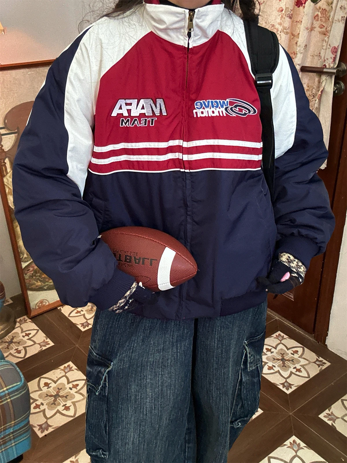 

Retro American Color Blo Cotton Jaet Men Women Autumn Winter Loose Bread Sle Faionable Long Sve Zipper Closure