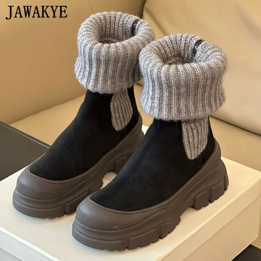 Thick Sole Suede Leather Ankle Boots Women Round Toe Knitted Collar Designer Short Boots Winter Casual Brand Snow Boots Mujer