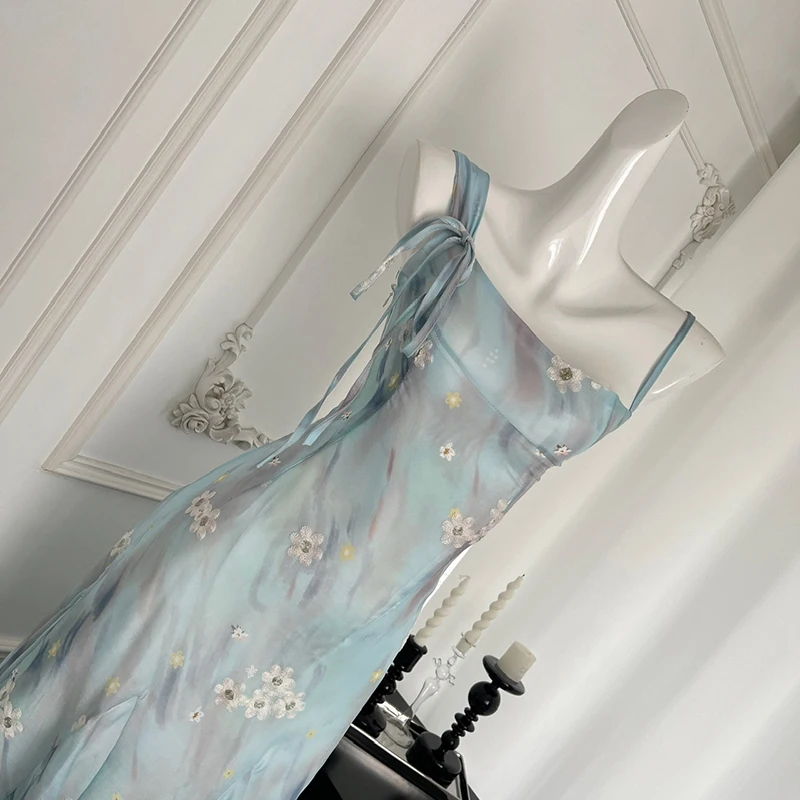 Women Sweet Floral Long Dress Summer Elegant Sleeveless Suspender Dress French Temperament Backless Dress
