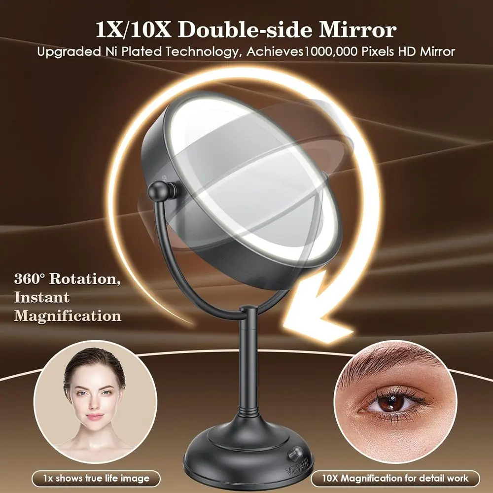 Specchio per trucco illuminato a LED bifacciale da 8,5, ingrandimento 1X/10X, luci regolabili a 3 colori, specchio cosmetico rotante con N nero