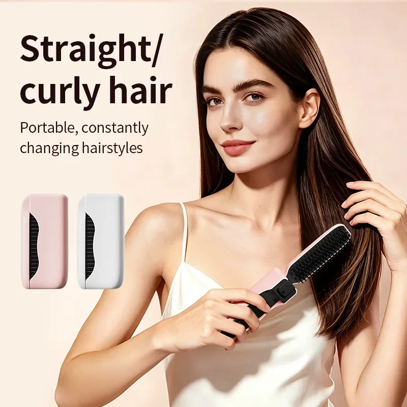 Portable Ionic Hair Straightener Brush Cordless Hot Comb Adjustable Temperature LED Display USB Charging Folding Travel Design