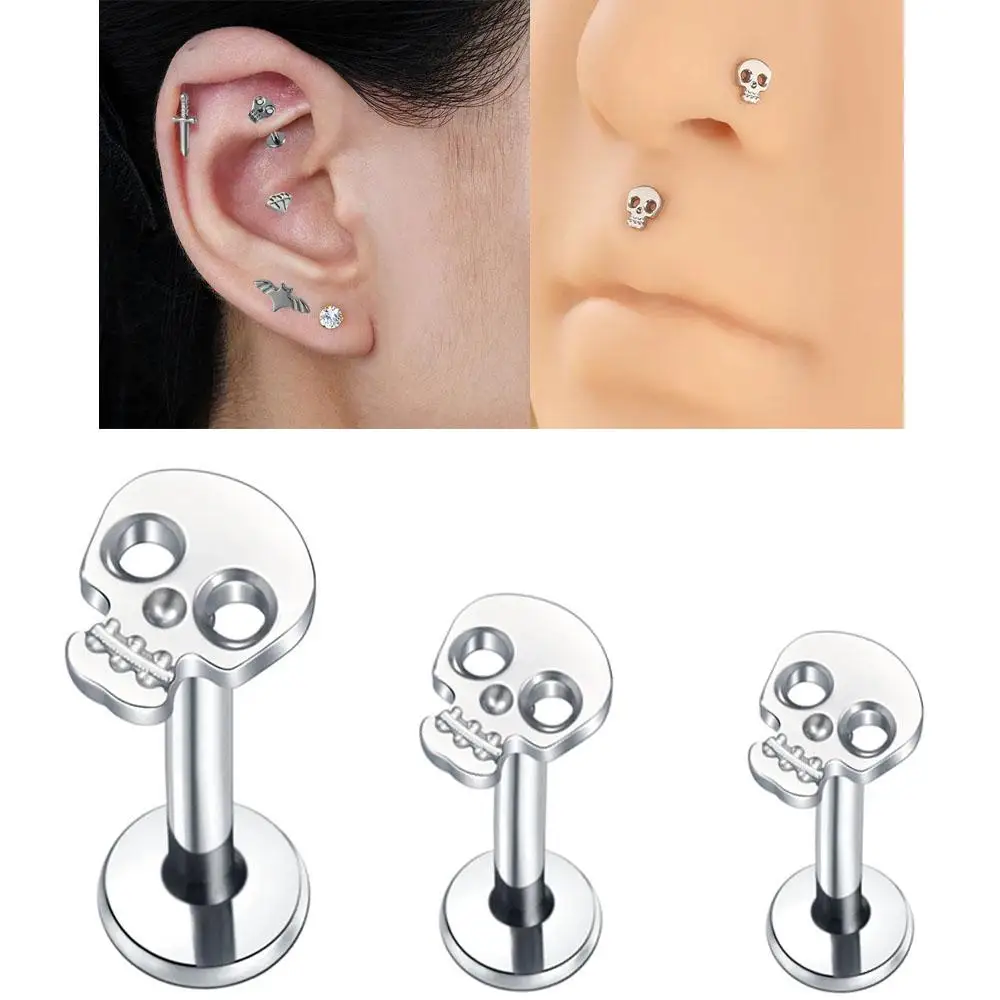 1PC Skull Design Lip Piercing Ear Stud Cartilage Tragus Helix Daith Lobe Unisex Earring Internal Thread Labret Cool Piercing