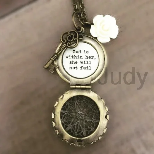 12pcs/lot God Is Within Her She Will Not Fail Necklace Locket Brass Key Ivory Rose