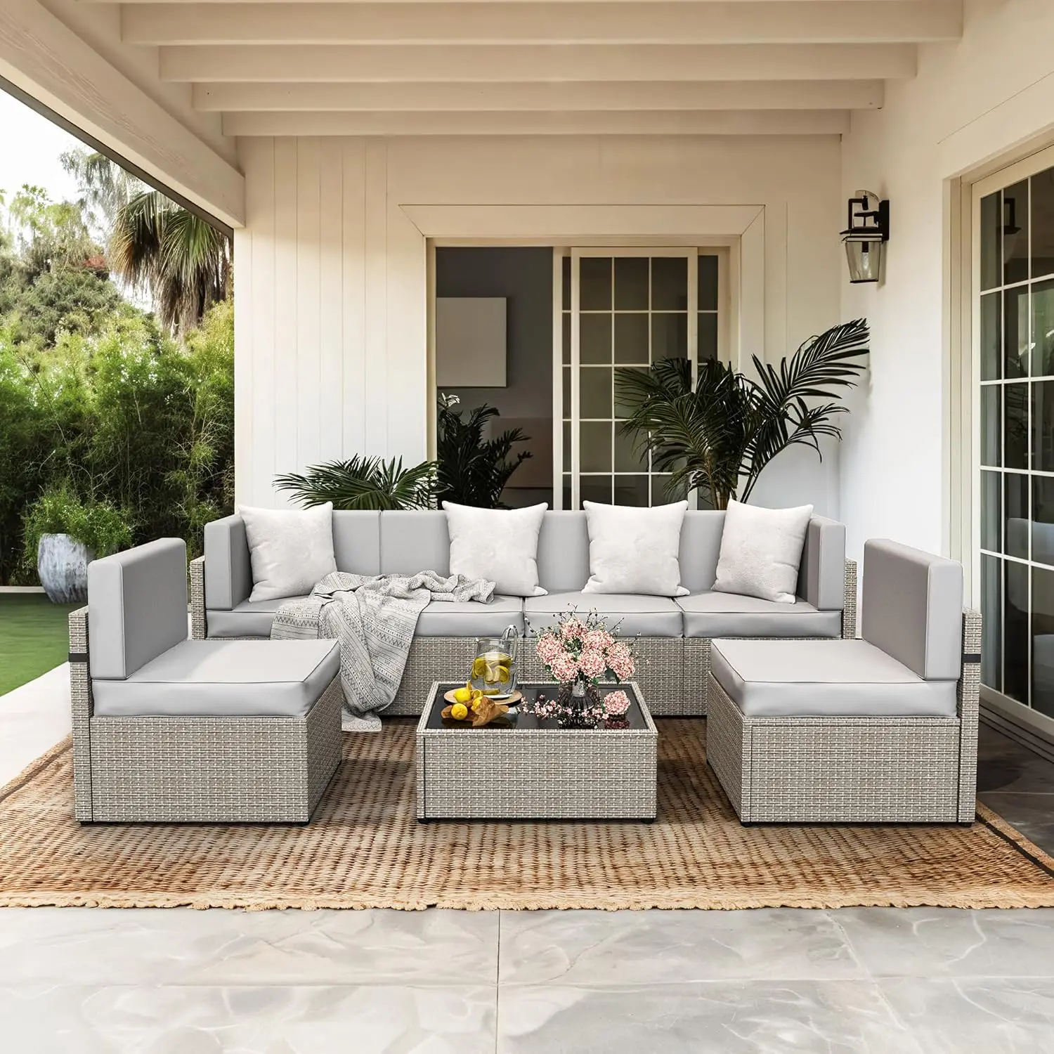 

7 Piece Outdoor Sectional Furniture Set, All-Weather Wicker Patio Furniture with Washable Cushions, Waterproof Gray Rattan Conve