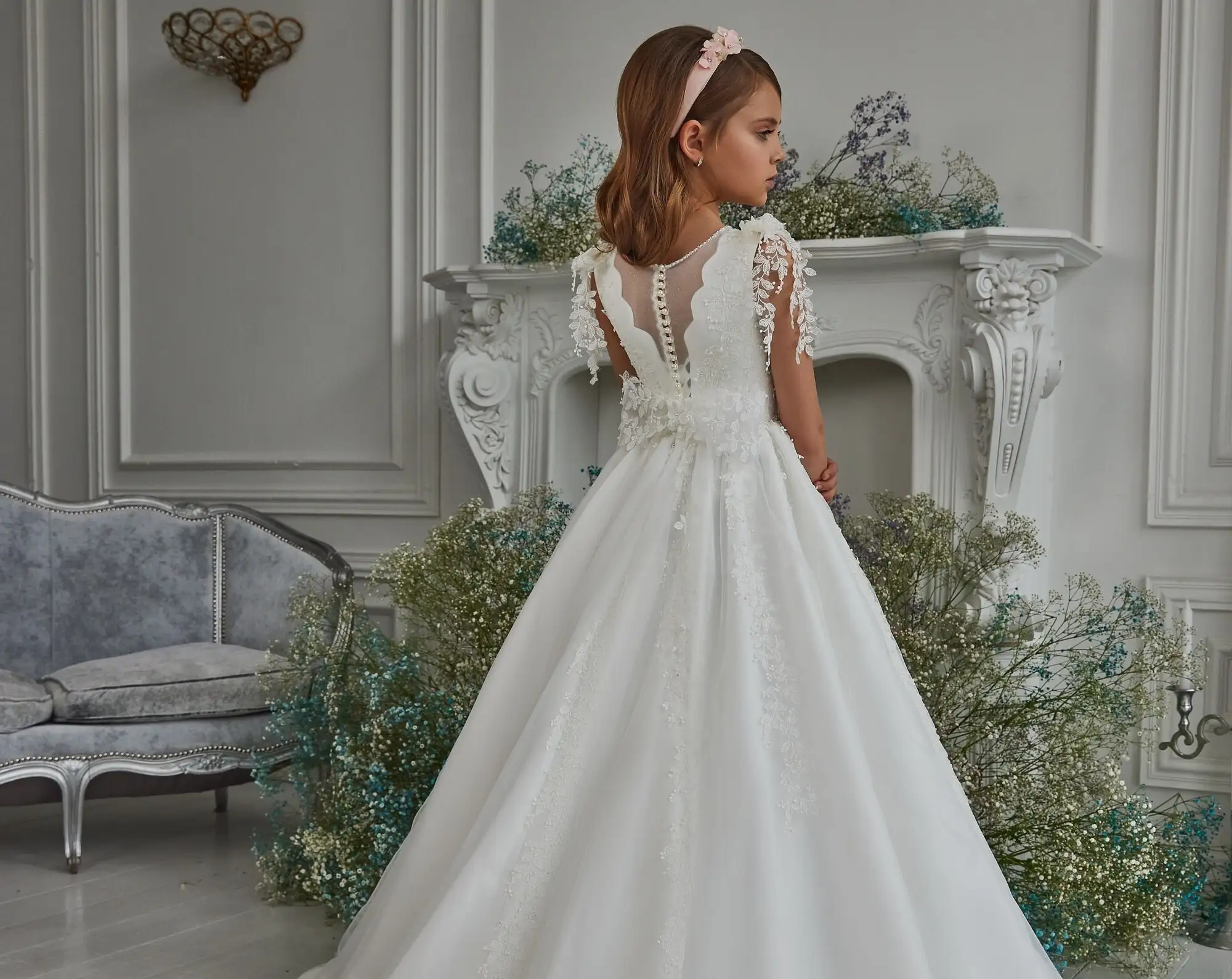 Vestido de primera comunión para niña, traje de tul con encaje Floral, apliques de cuentas, vestido de dama de honor Junior para fiesta de boda