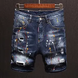 New Men's Heavy-duty Paint Splash Designer Luxury Denim Shorts Casual Slim Fit Kpop Ripped Mid-thigh Jeans Luxury Clothing Men