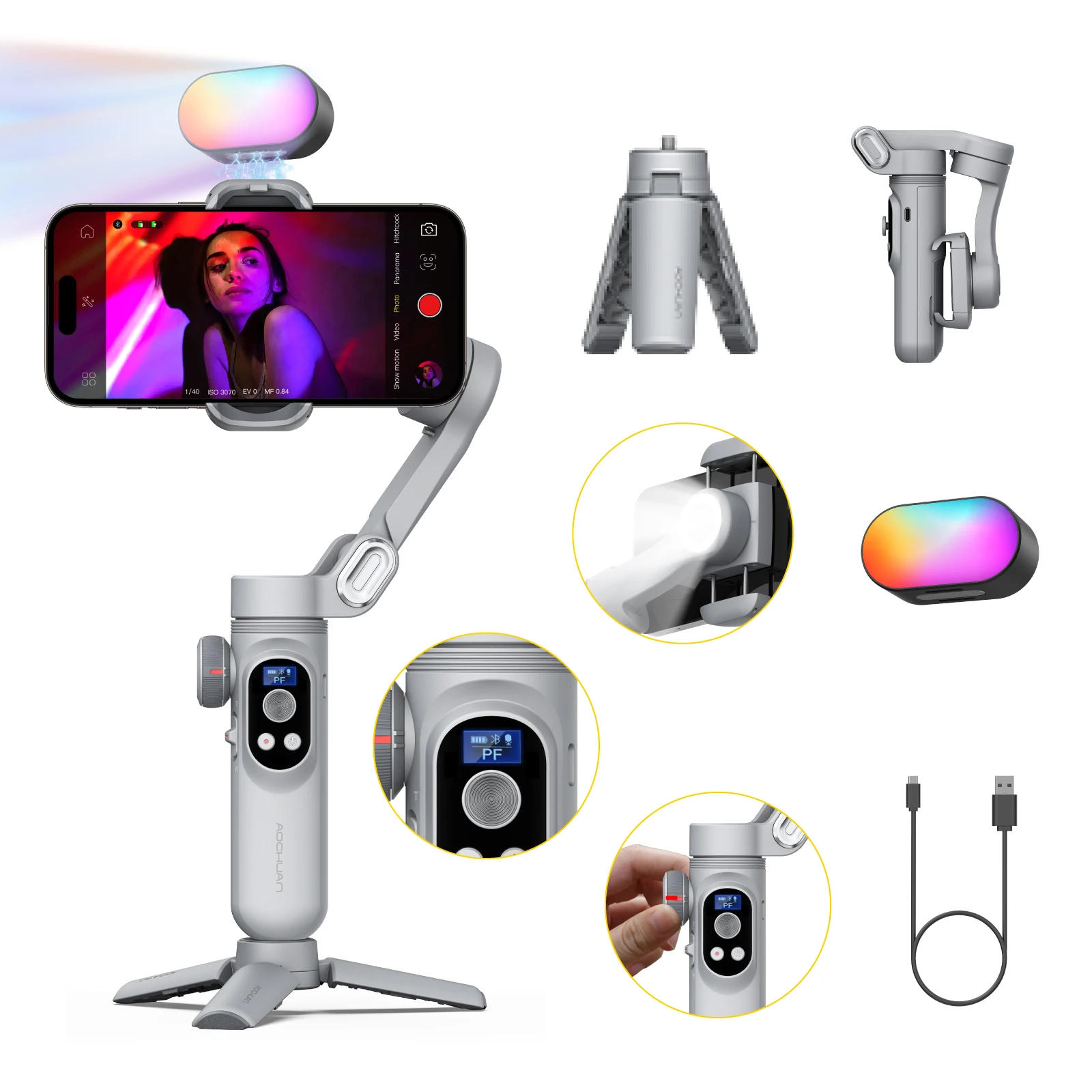 Aochuan-smart x pro 3軸ジンバルスタビライザーセット、RGB磁気ライト