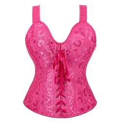Rose Red Corset Top With Straps Sexy Bustier Zipper Brocade Vest Lingerie Plus Size Gothic For Women Outfit Burlesque Medieval