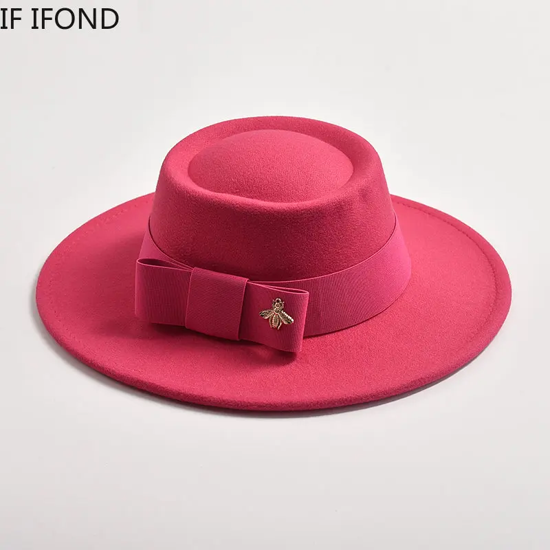 Fedora Hut für Frauen Flat Top konkaven Design elegante Dame Bogen Filz Jazz Hüte bunte Hochzeits feier runde Kleider mützen