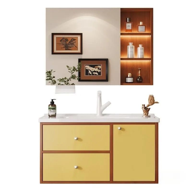 Antique double bathroom cabinet, oak solid wood combination ceramic integrated bathroom dopamine contrasting color wash sink