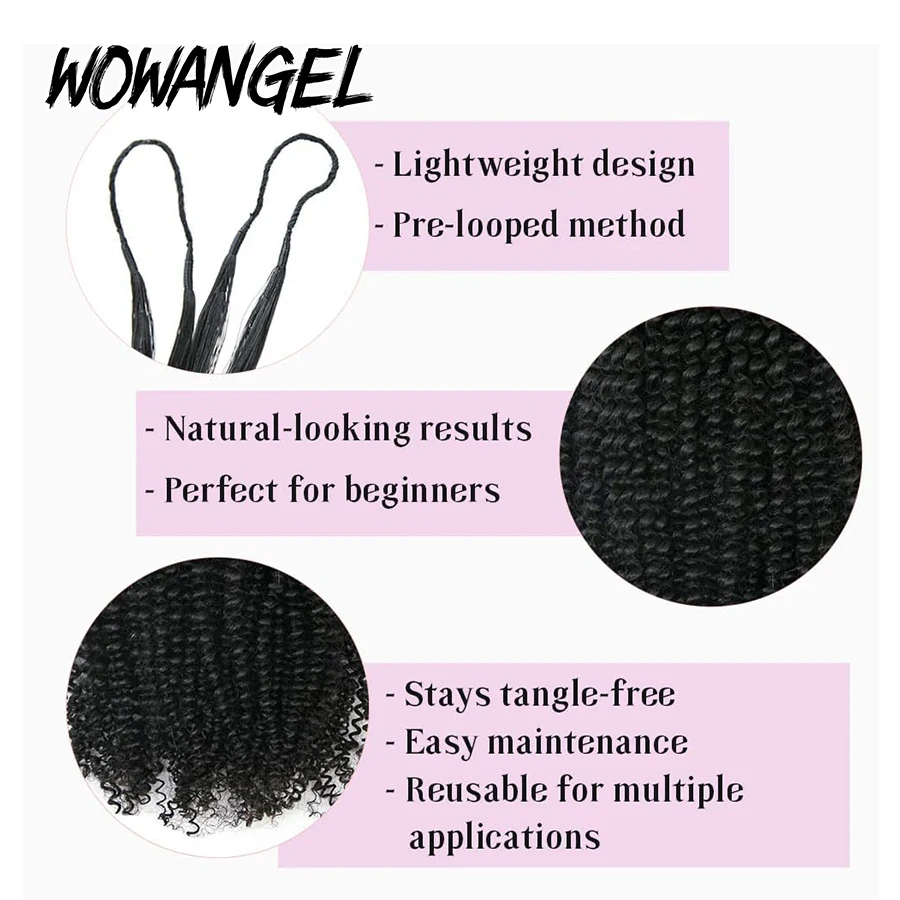 WOWANGEL Afro Kinky Curly Ganchillo de Plumas Extensiones de Cabello Humano Pre-Bucle Micro Anillo Extensiones de Cabello Reutilizables Sin Pegamento Sin Calor 5