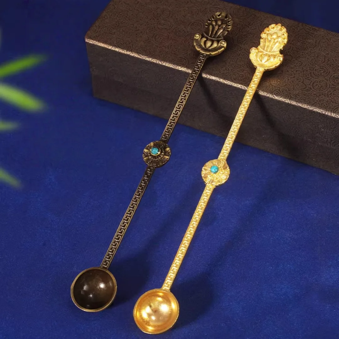 Alloy fire nectar spoon multi-purpose round spoon offerings Tibetan utensils for fire smoke spoon gold bronze.