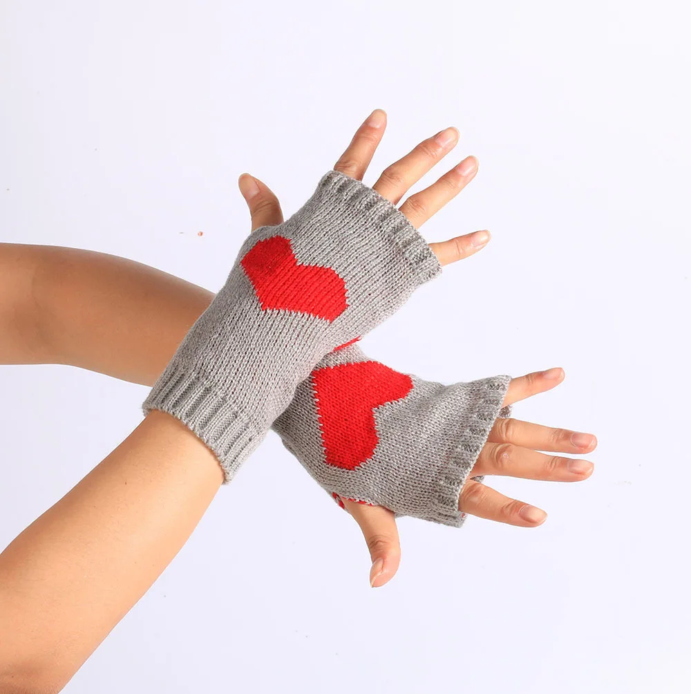 Fashion Knitted Warm Fingerless Gloves Autumn Winter Women's  Heart Printed Crochet Exposed Fingers Cold Protection Wrist Warmer