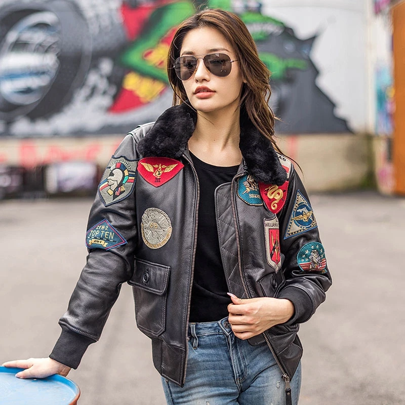 Dark Brown TOP GUN G1 Pilot Leather Jacket Women Military Style Natural Cowhide Winter Aviation Genuine Leather Coats