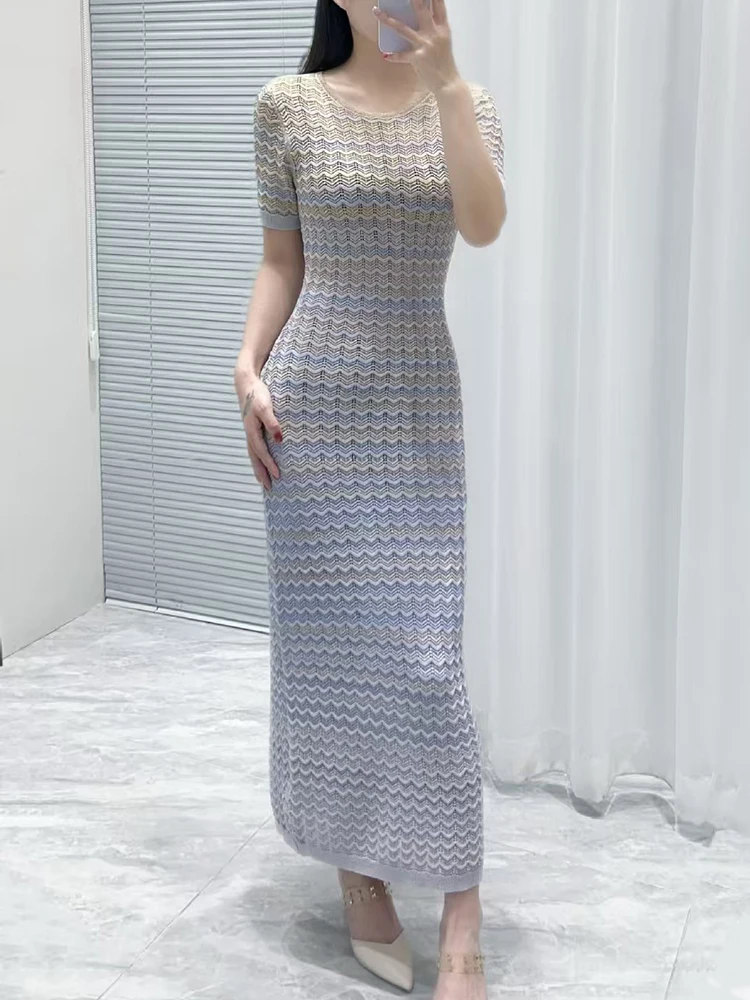 

Women's Gradient Slim Round Neck Short Sleeve Dress, Fashion Slim Sexy Knitted Long Dress, High Quality Dresses, 2025, New