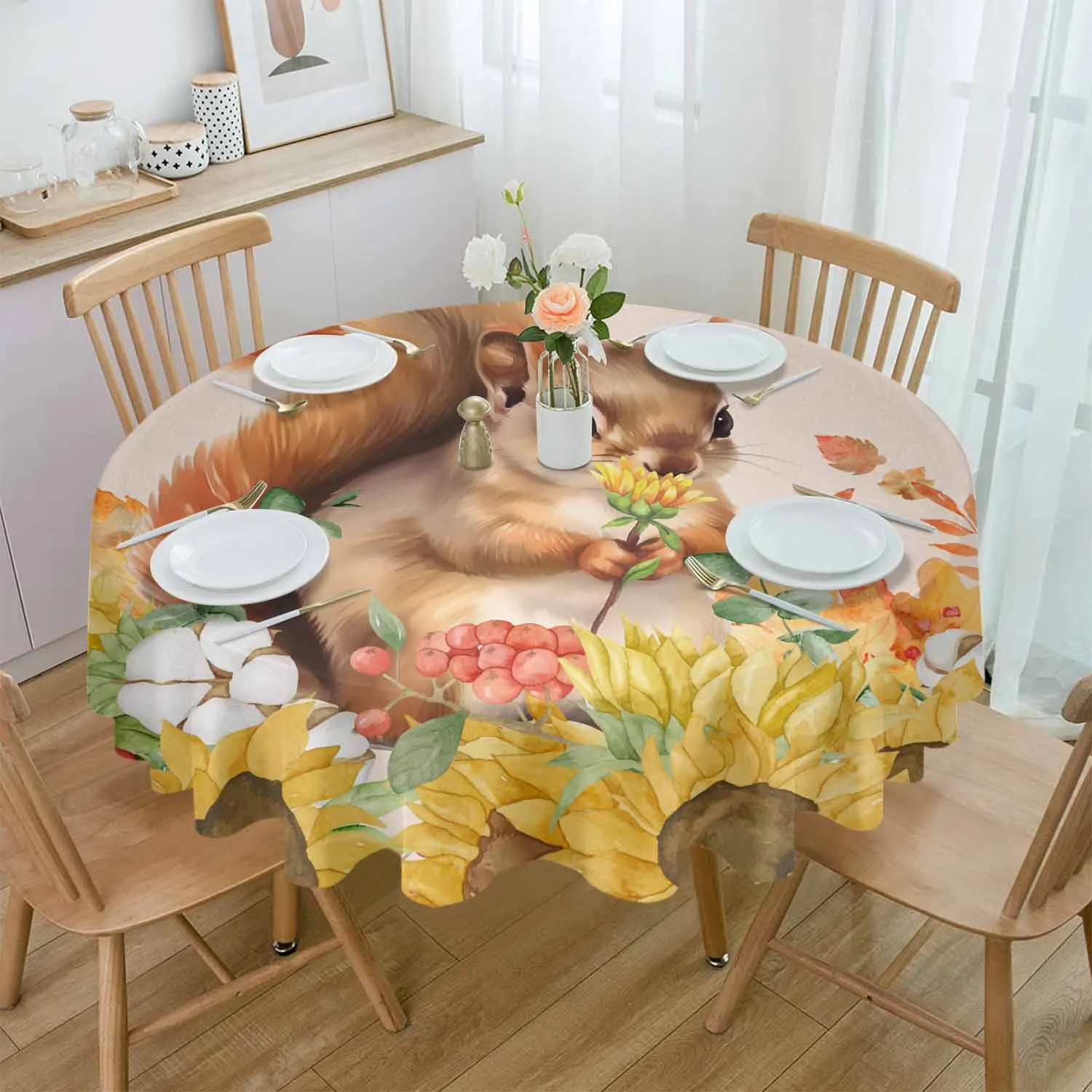 Autumn Watercolor Squirrel Sunflower Round Table Cloth Festival Dining Tablecloth Waterproof Table Cover for Wedding Party Decor