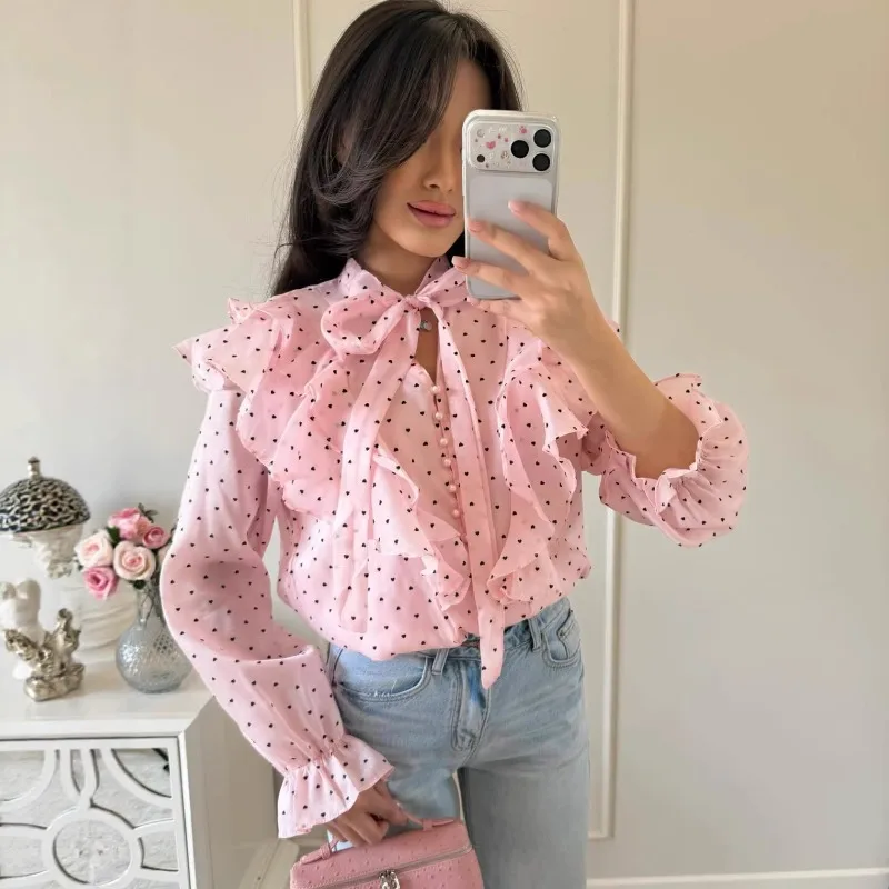 

Talenza Pink Polka Dot Shirts Women's Summer Loose Bow Lace-up See-through Bell Sleeve Shirts Commuting Elegant Women's Blouses