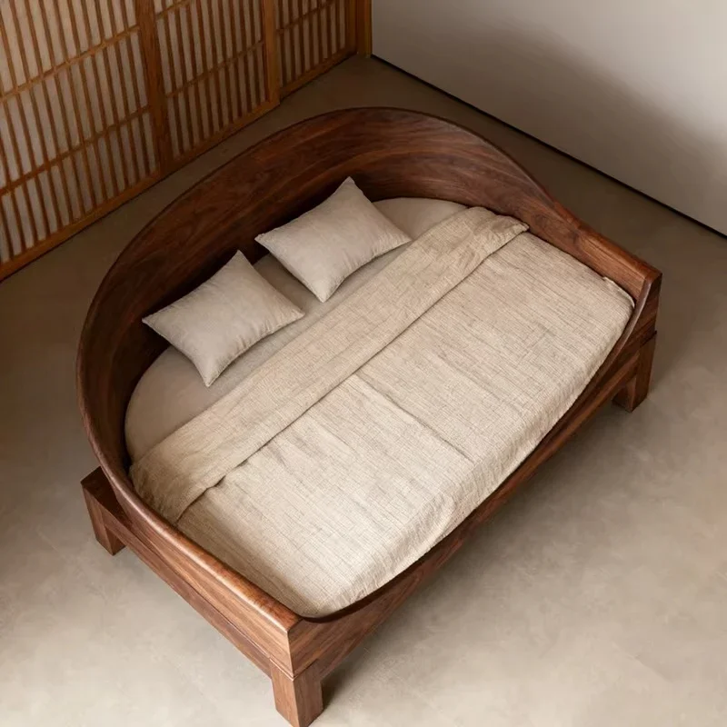 Modern simple solid wood sofa, round curved North American black walnut single sofa bed, small household sofa