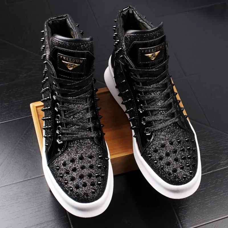 PerSonalized High-top Shoes Fashionable Men\'s Rivet Rhinestone Board Shoes internal Height Breathable Casual Shoes Hip-hop h9