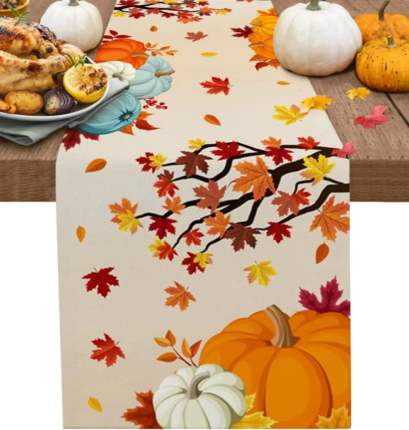 Thanksgiving Fall Pumpkin Maple Leaves Linen Table Runners for Dining Reusable Dining Holiday Party Decorations