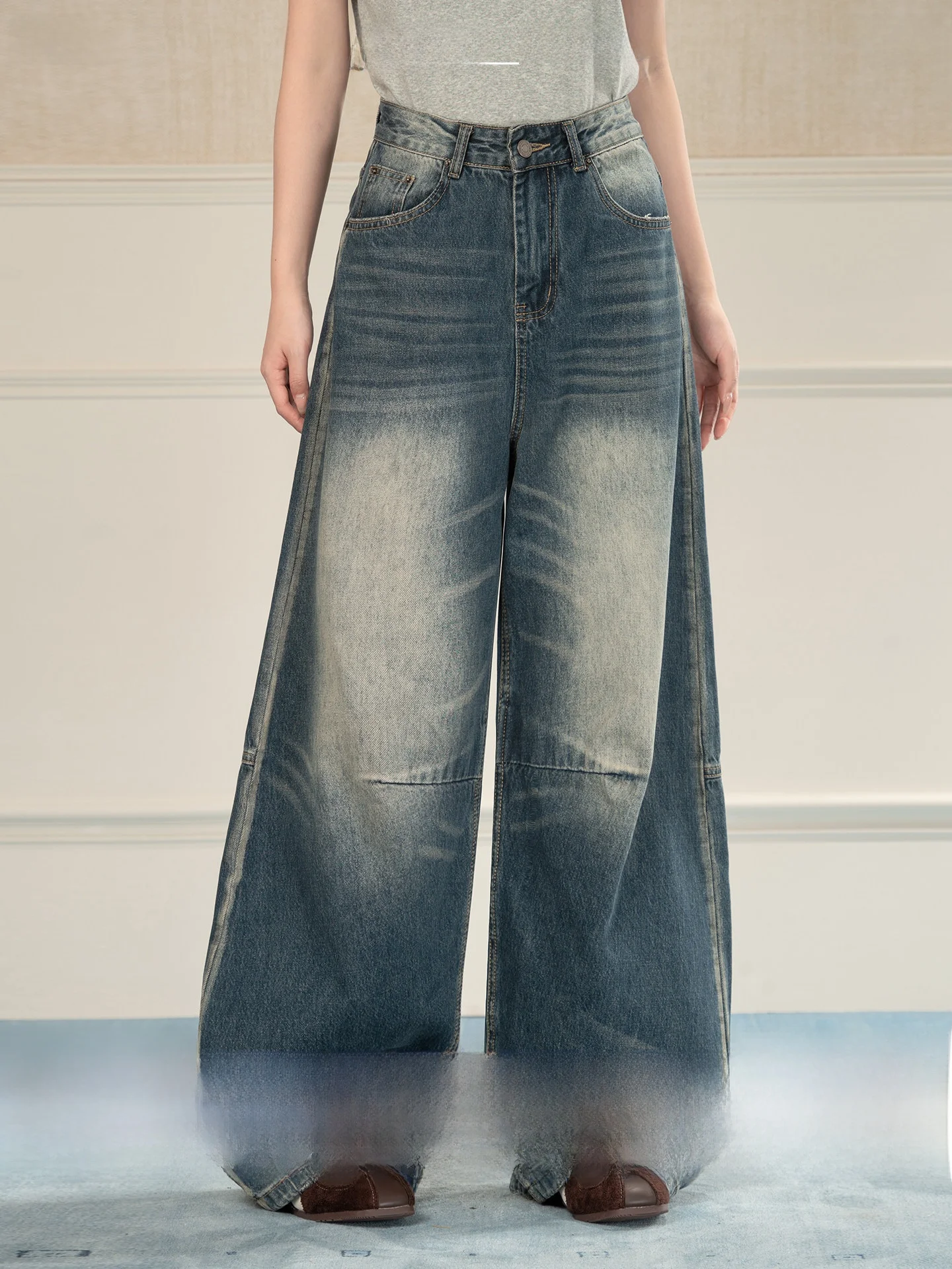 

Heynew Vintage Waed Wide Leg Denim Jeans Women's Spring New Hip Covering Slimming Long Pants High Waist Straight Cut