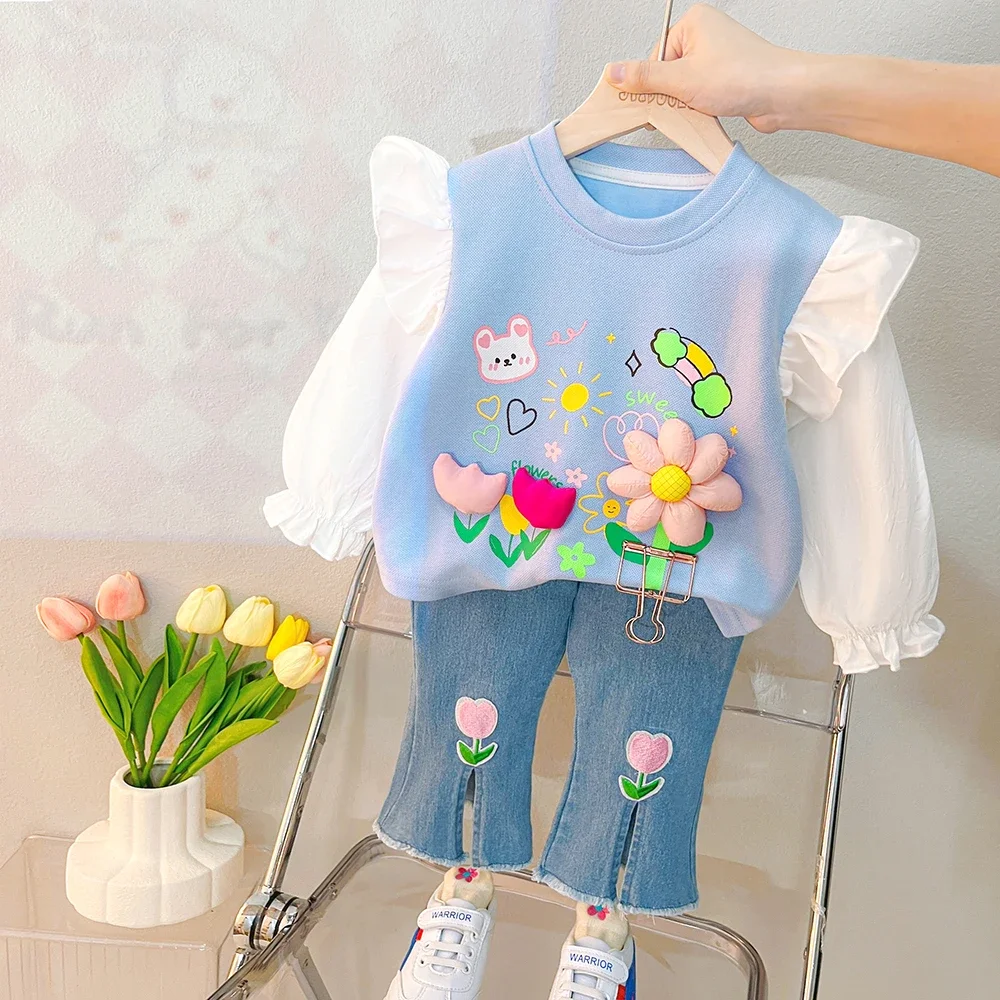 Spring Kids Clothing Sets Baby Girls Lace Floral T Shirt Jeans 2 Pcs Suits Cartoon Infant Clothes Outfits Children Costume