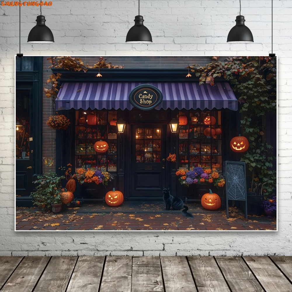 خلفية متجر حلوى الهالوين، فوانيس اليقطين، نباتات الأطفال الصغار، صورة عائلية، خلفية للتصوير الفوتوغرافي، دعائم استوديو الصور
